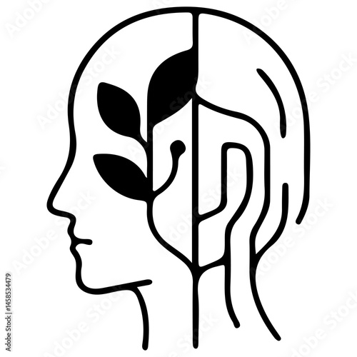 head silhouette icon with leaf and microcircuit elements, showing the combination of modern technology and ecology