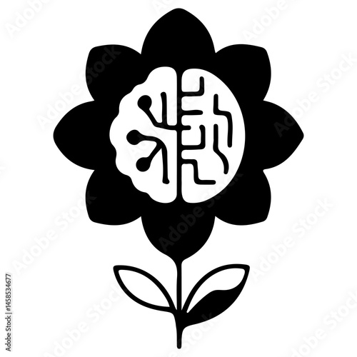 icon of an open flower with a brain and a microcircuit in the middle, a combination of modern technology and ecology