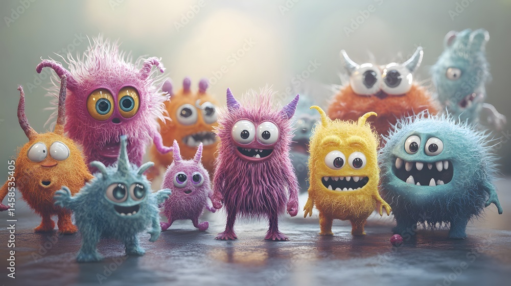 Vibrant, fluffy creatures with expressive faces in a group. Vibrant, fluffy creatures with expressive faces in a group.