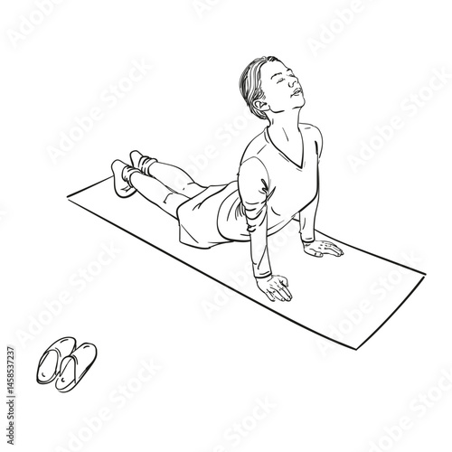 Hand-drawn vector illustration of a woman in upward-facing yoga pose on a mat. Black and white line art without shading, isolated on white. Perfect for wellness, fitness, and mindful movement concepts