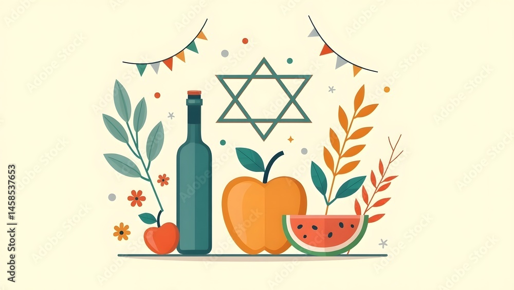 Rosh hashanah illustration with fruits and star Rosh hashanah illustration with fruits and star