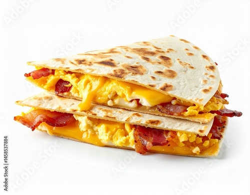 A stack of breakfast quesadillas with bacon, eggs, and cheese layers. The quesadilla looks delicious with melted cheese