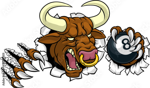 A bull or Minotaur monster longhorn cow angry mean pool mascot cartoon character.