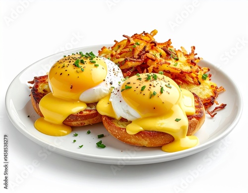 A gourmet breakfast featuring two eggs benedict with poached eggs, hollandaise sauce, and hash browns, presented on a white plate