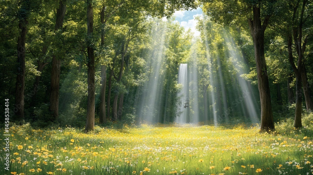 Fototapeta premium Sunlight streams through a forest glade filled with wildflowers