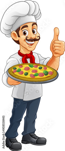 A chef cook holding a pizza cartoon food man mascot character illustration