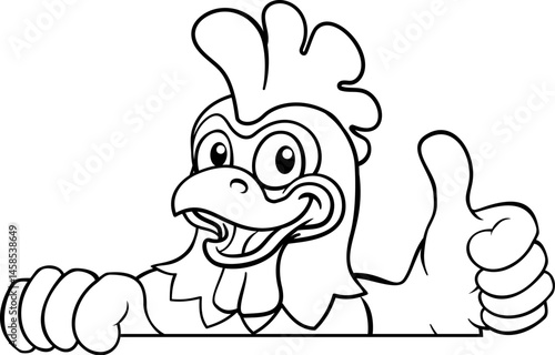 A chicken cartoon rooster cockerel bird mascot peeking over a sign with copyspace