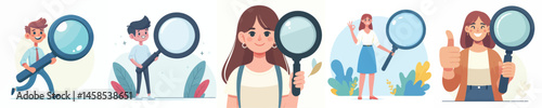 vector of young men and women holding magnifying glasses