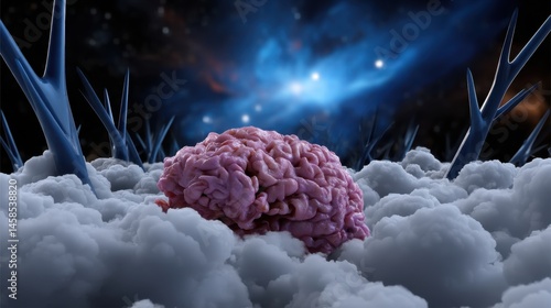 Surreal digital artwork of a human brain surrounded by sharp, metallic spikes on a cloud-like surface against a cosmic background
