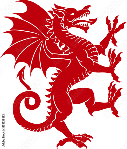 A stylised heraldry coat of arms crest style Welsh dragon standing on hind legs