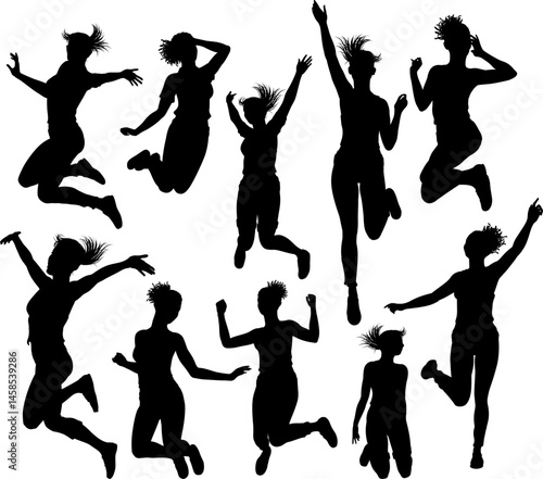 A set of happy women jumping for joy silhouette woman, people concept.