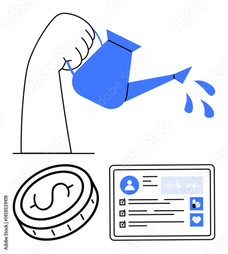 Hand pouring water, dollar coin, health metrics on tablet promoting growth, finances, well-being. Ideal for productivity, wellness, financial planning, self-improvement health management personal
