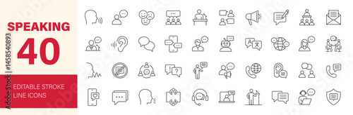 Speaking icon set. Containing dialogue, communication, talk, speech, discussion, chat, conference, meeting, voice, speech bubble, support and more. Editable line icons. Vector illustration.