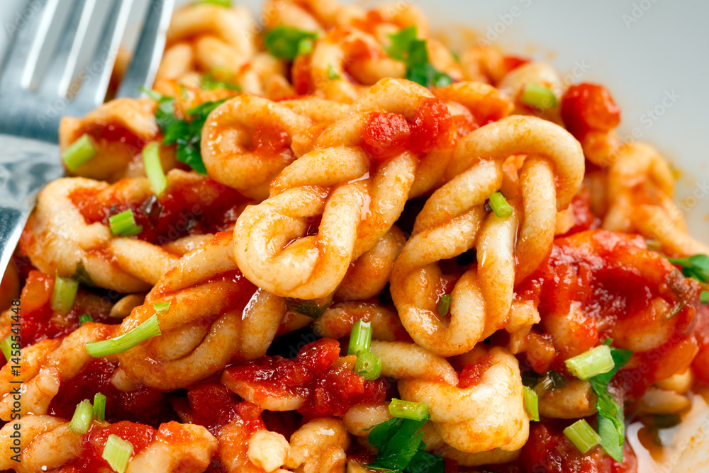 Lorighittas al sugo, tradizionale pasta artigianale sarda, cibo italiano Lorighittas al sugo, tradizionale pasta artigianale sarda, cibo italiano