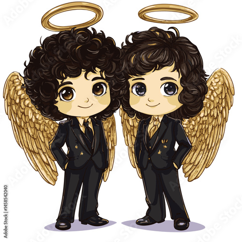 Two Cartoon Angel Boys In Suits With Halos And Golden Wings