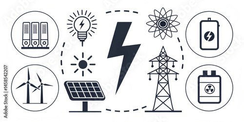 A diverse set of vector icons for web design, depicting various symbols like a radio tower, a broadcasting antenna, and other communication and technology illustrations