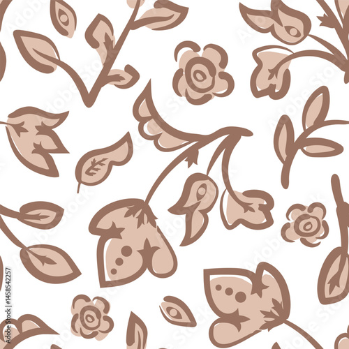 All over vector seamless repeat pattern with tossed pink white flowers on white background. Simple and versatile retro cottage everyday ditsy floral backdrop in calming light tones