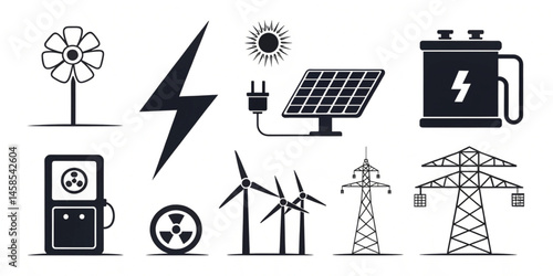 A diverse set of vector icons for web design, depicting various symbols like a radio tower, a broadcasting antenna, and other communication and technology illustrations