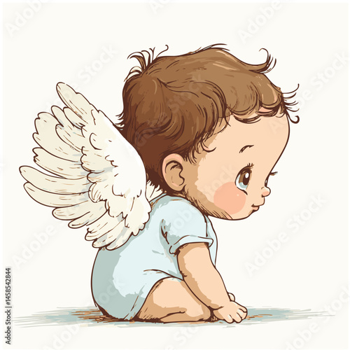 Quadro su tela Adorable Baby Angel Sitting Down With Wings In A Cartoon Style