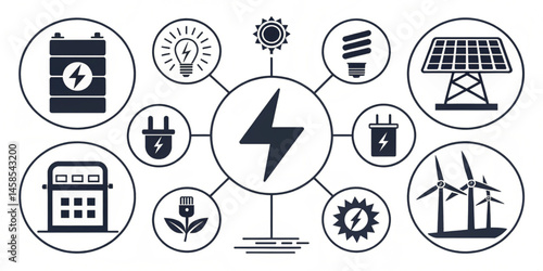 A diverse set of vector icons for web design, depicting various symbols like a radio tower, a broadcasting antenna, and other communication and technology illustrations