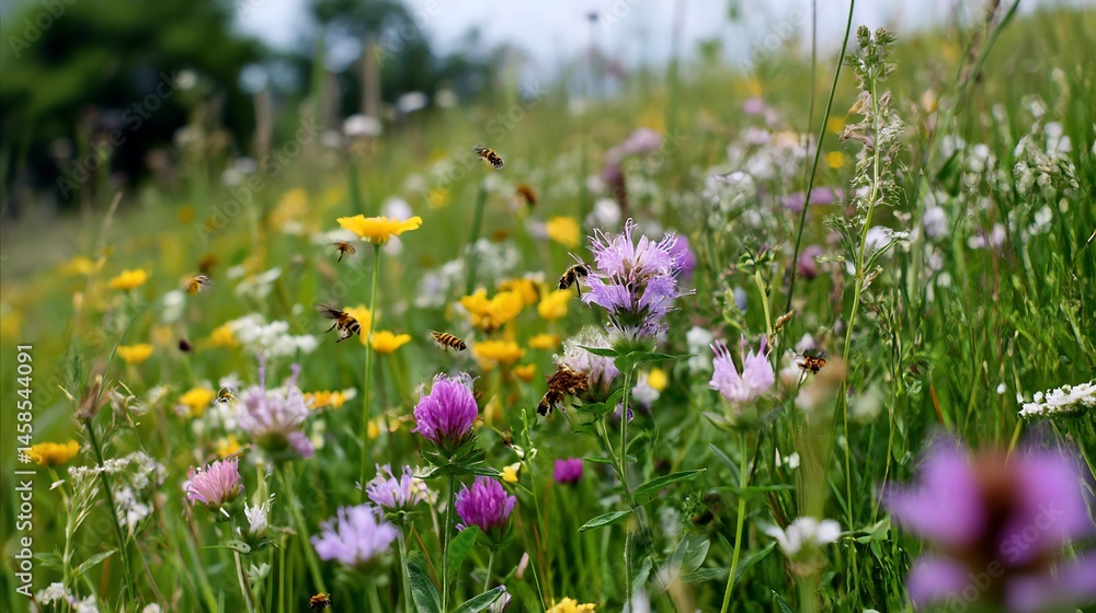Vibrant meadow teeming with bees, a symphony of wildflowers and buzzing life Vibrant meadow teeming with bees, a symphony of wildflowers and buzzing life