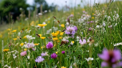 Fototapeta Naklejka Na Ścianę i Meble -  Vibrant meadow teeming with bees, a symphony of wildflowers and buzzing life