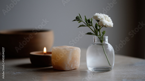 Minimal altar setup featuring a flower, salt lamp, and mantra