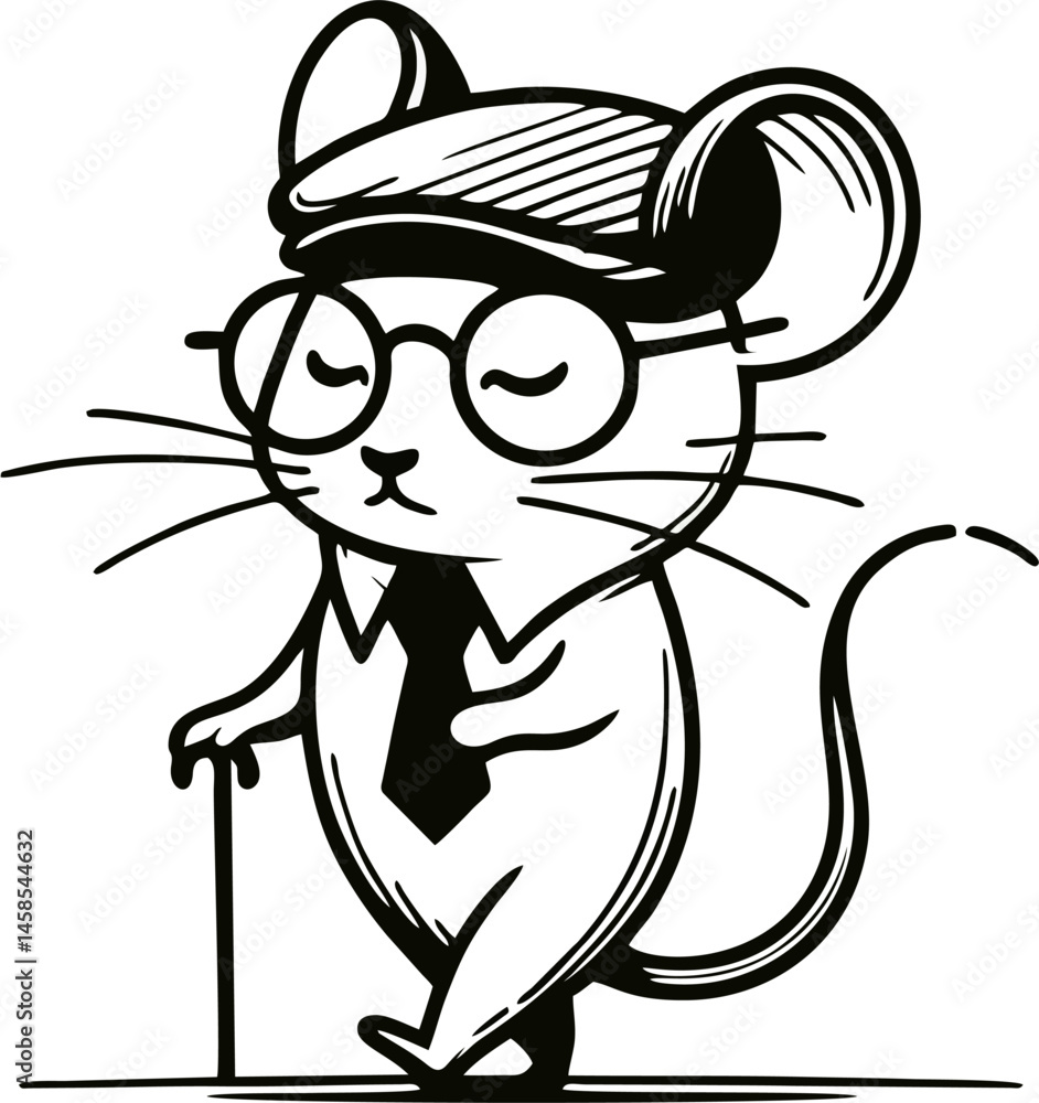 Fototapeta premium Dapper Cartoon Mouse with Glasses, Tie, and Walking Cane, Black and White Illustration 