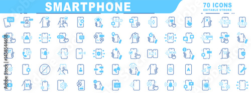Big set of smartphone related filled line icons. Device, message, phone, call, app, screen etc. Editable stroke