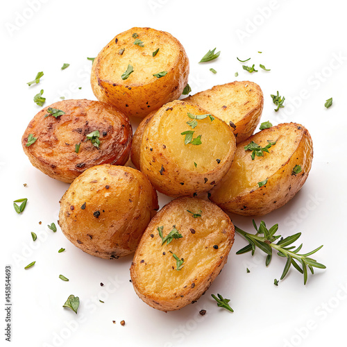 baked potatoes with rosemary on white background