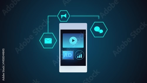 Programmatic targeted advertising interface display on smartphone screen, personalised ad content integrated with visual analytics components. Intelligent ad delivery ecosystem.