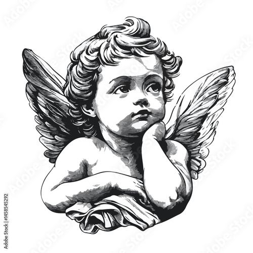 Vector Illustration Of Angelic Cherub With Wings Depicted In Grayscale Art