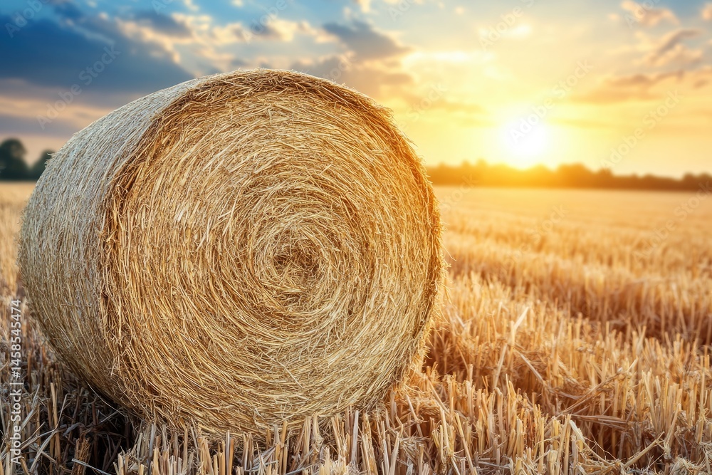 Hay bale in golden field at sunset Hay bale in golden field at sunset