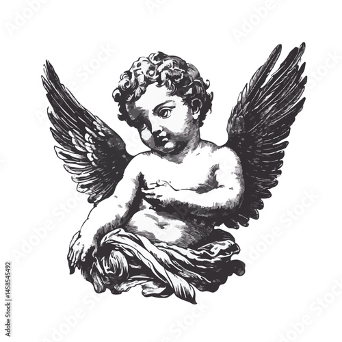 Monochrome Illustration Of A Cherubic Angel With Wings In Detailed Style