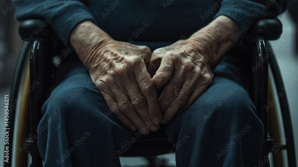 Close-up view of aged hands resting on lap in wheelchair at care facility during daytime Close-up view of aged hands resting on lap in wheelchair at care facility during daytime