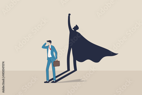 Self confidence or leadership to bring full potential and strength, motivation to achieve business success concept, self doubt businessman standing with his skillful power superhero shadow on the wall