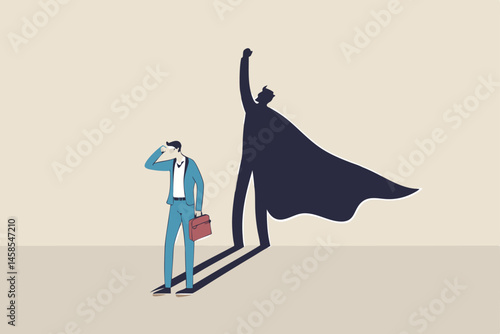 Self confidence or leadership to bring full potential and strength, motivation to achieve business success concept, self doubt businessman standing with his skillful power superhero shadow on the wall