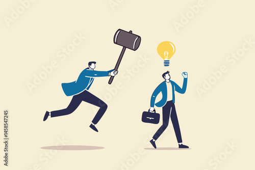 Jealousy colleague, toxic boss kill all ideas never been implemented, envy or dishonesty coworker with unprofessional, businessman got new idea lightbulb but being hit and destroy by colleague behind.