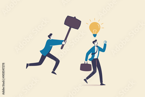 Jealousy colleague, toxic boss kill all ideas never been implemented, envy or dishonesty coworker with unprofessional, businessman got new idea lightbulb but being hit and destroy by colleague behind.