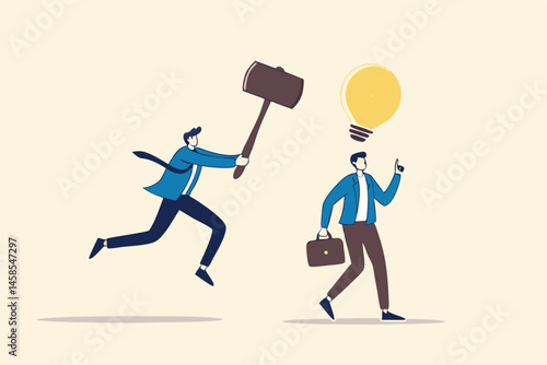 Jealousy colleague, toxic boss kill all ideas never been implemented, envy or dishonesty coworker with unprofessional, businessman got new idea lightbulb but being hit and destroy by colleague behind.