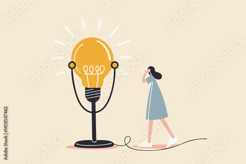 Motivation podcast, listen to inspiration idea for self improvement and career development, success story concept, inspired woman using headphone to listen to big lightbulb idea podcast microphone.