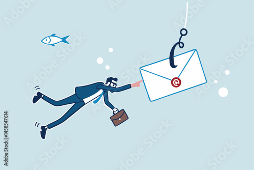 Phishing email, fraud or scam mail offer fake login or password form to steal personal information, online crime concept, greedy businessman diving underwater to catch email envelope with fishing hook
