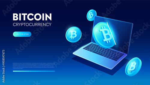 Virtual Reality of Bitcoin Breakout from Futuristic Computer Laptop representing Digital Currency Investment, Cryptocurrency, Innovation Banking. Neon Glow Technology Vector illustrations
