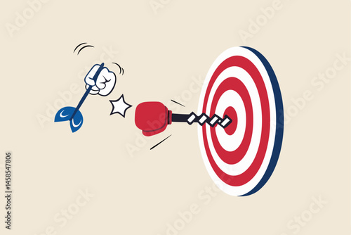 Tough time or career struggle, trouble, difficulty or obstacle to achieve business target, hard situation to losing competition, boxing glove come out of dartboard bullseye to punch dart from target.