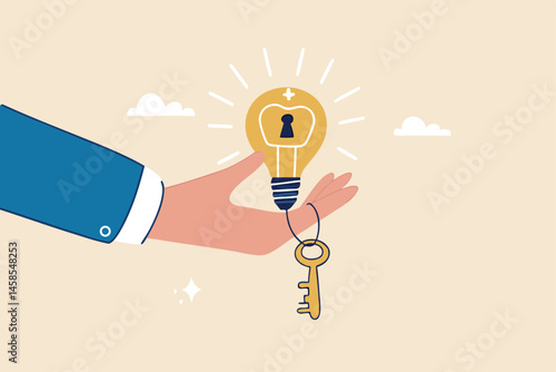 Key to success, creativity idea to solve problem, innovation or knowledge to unlock career potential concept, businessman hand giving bright lightbulb idea with keyhole and golden key to unlock it.