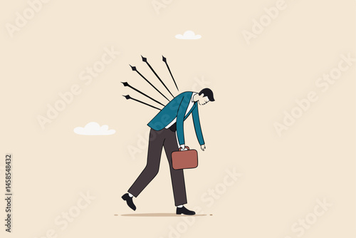 Victim from business betrayal, pain from failure or stressed, anxiety and violence by social bullying, overworked problem concept, depressed exhausted businessman walking with painful bows on his back