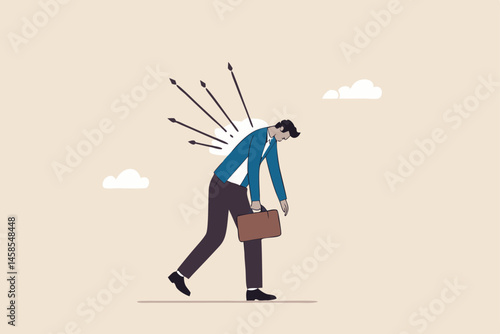 Victim from business betrayal, pain from failure or stressed, anxiety and violence by social bullying, overworked problem concept, depressed exhausted businessman walking with painful bows on his back