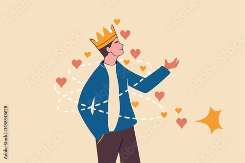Narcissist people, extreme self involvement too much confident disorder, so proud attitude egocentric person, narcissism businessman admire himself and proud of his crown with love and stars around.