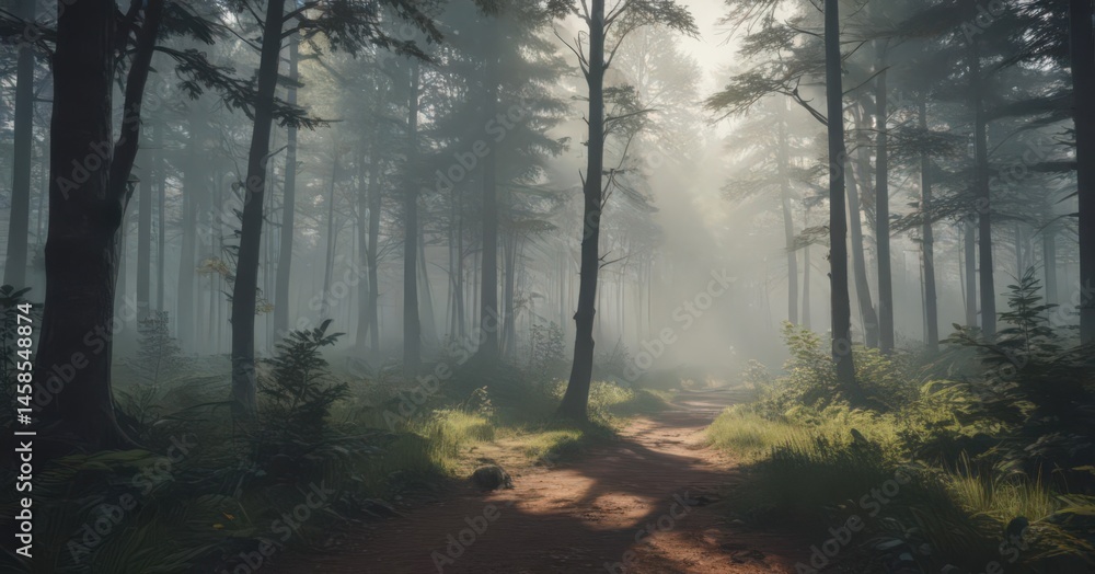 Obraz premium Retro-styled misty forest scene, soft light and shadow, scenic, woodland, forest