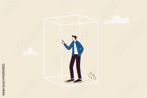 Set privacy zone, personal barrier to focus or work boundary, space to be with yourself concept, introvert businessman drawing box to cover privacy zone or boundary to protect from distraction.